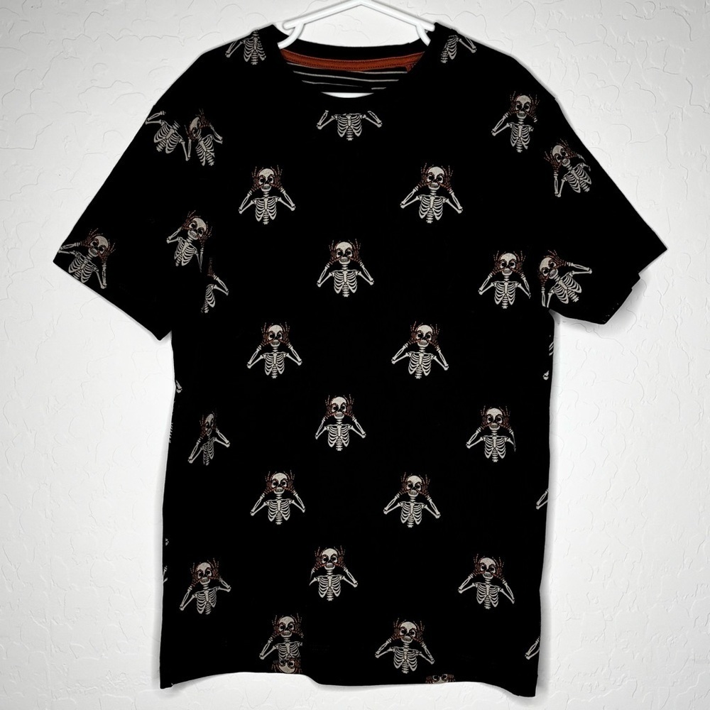 NWT Denim & Flowers Ricky Singh Boys Halloween Skeleton Black T-shirt Size 9/10